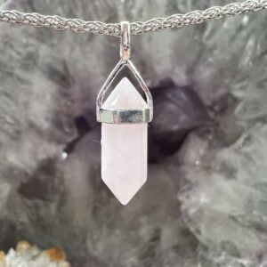 rose quartz pendant solid silver setting six sided pink crystal
