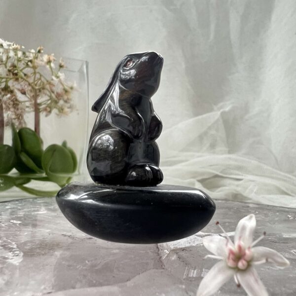 golden tiger eye rabbit on obsidian base natural crystal carved statuette home decor