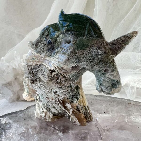 moss agate unicorn green and white quartz crystal carved statue for home decor