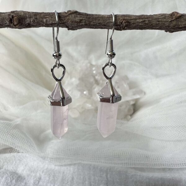 Six sided, double terminated rose quartz earrings natural pink crystal gems jewellery the hidden gem